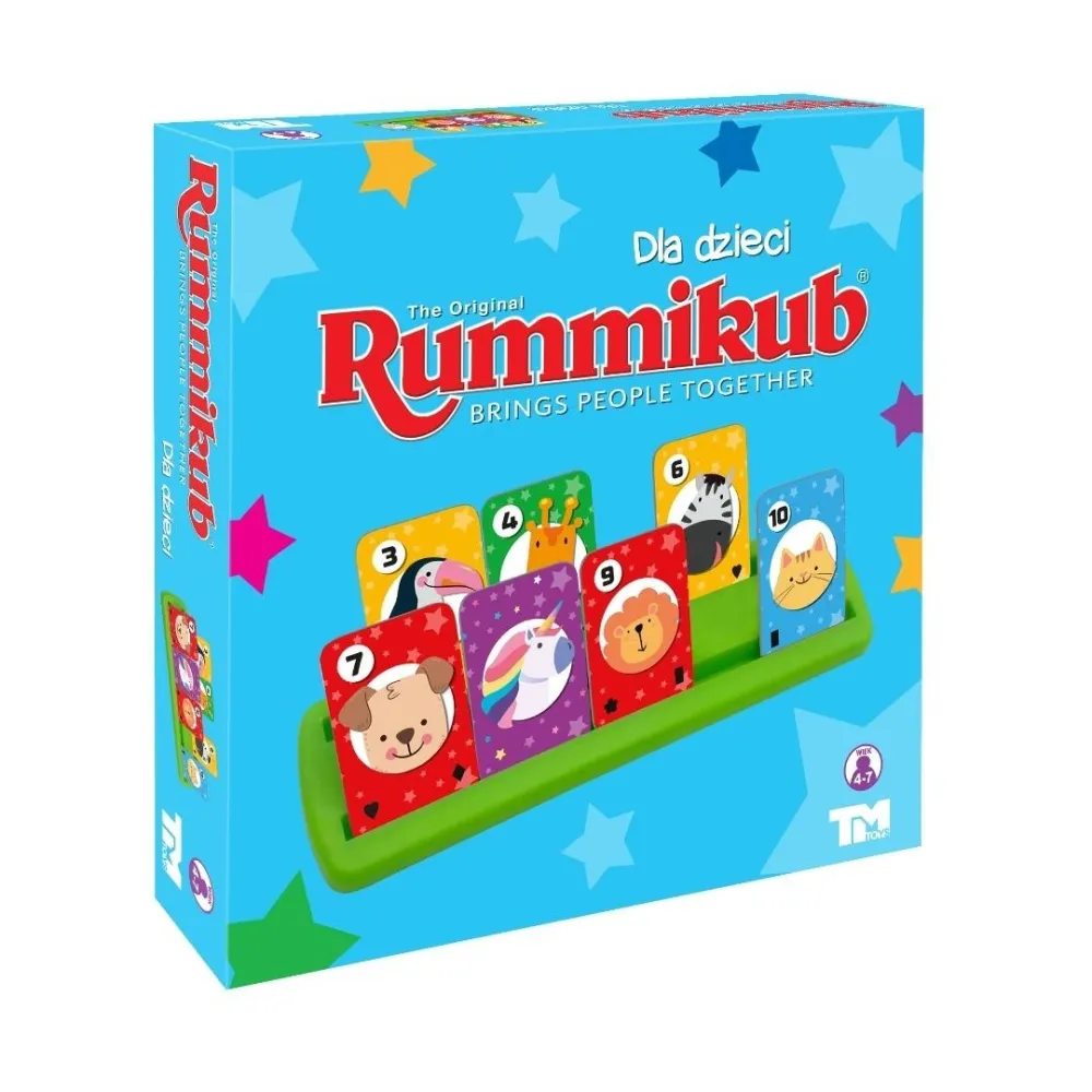 Rummikub dla dzieci z kolorowymi płytkami i motywami zwierząt