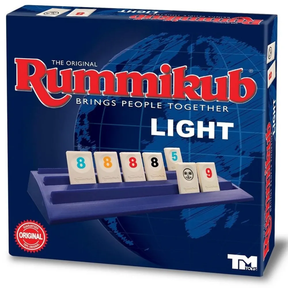 pudełko gry Rummikub Light z widocznymi kolorowymi płytkami