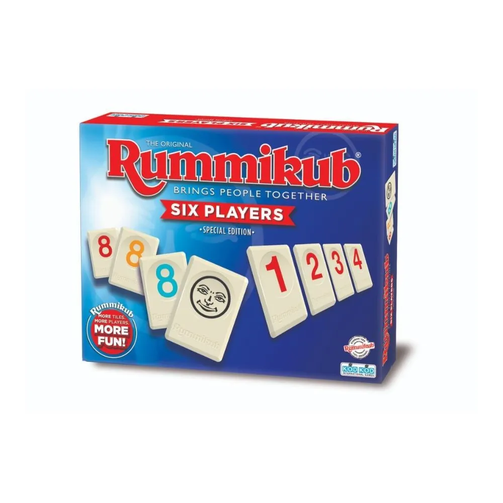 Rummikub XP edycja dla 6 graczy z płytkami i podstawkami na stole