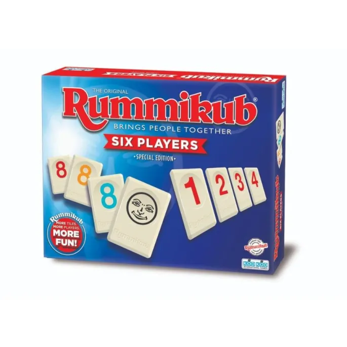 Rummikub XP edycja dla 6 graczy z płytkami i podstawkami na stole
