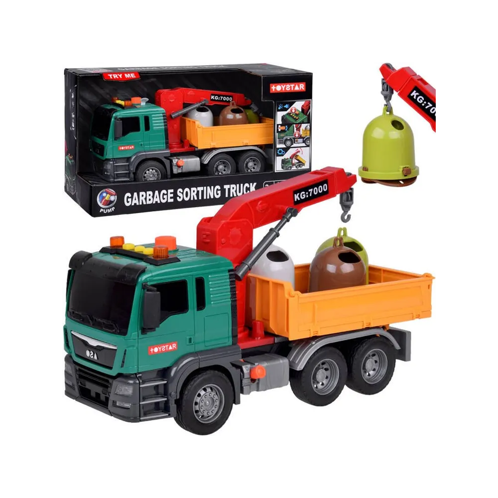 Zabawka edukacyjna śmieciarka z koszami na śmieci na białym tle