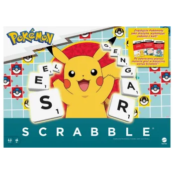 pudełko gry Scrabble Pokemon z kolorową planszą i elementami graficznymi pokemonów