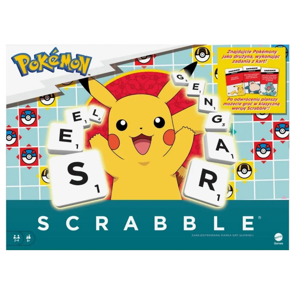 pudełko gry Scrabble Pokemon z kolorową planszą i elementami graficznymi pokemonów