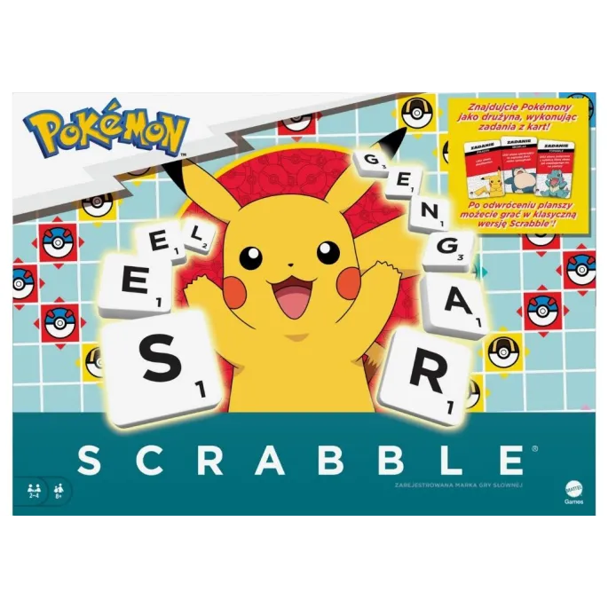 pudełko gry Scrabble Pokemon z kolorową planszą i elementami graficznymi pokemonów