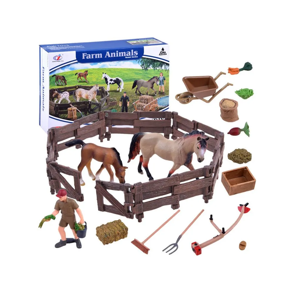zestaw figurek farma z koniem i źrebakiem na tle zagrody