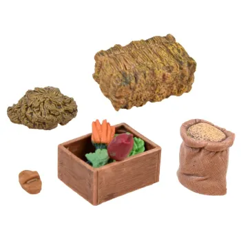 elementy zestawu: taczki, widły, miotła i pojemnik z sianem