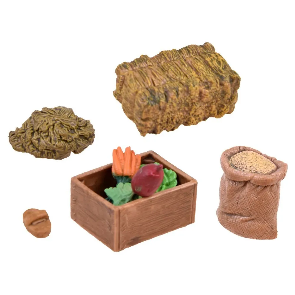 elementy zestawu: taczki, widły, miotła i pojemnik z sianem