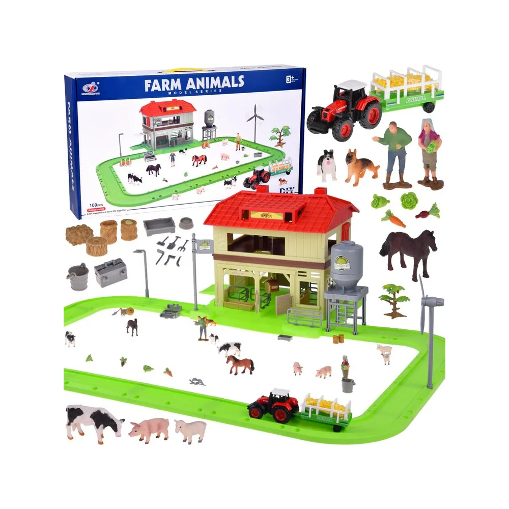 Zestaw Stodoła z traktorem i figurkami zwierząt na farmie