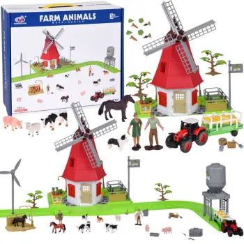 kompletny zestaw farma z młynem i wiatrakiem na zielonej podstawie