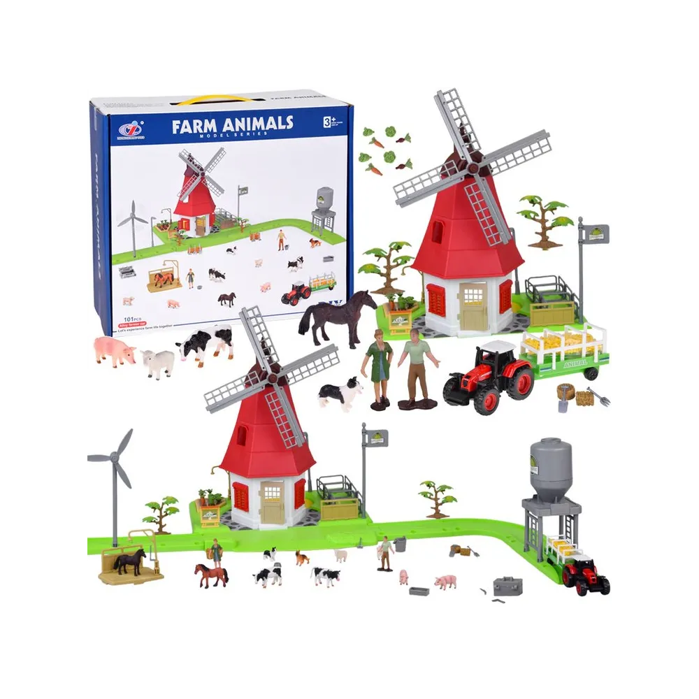 kompletny zestaw farma z młynem i wiatrakiem na zielonej podstawie