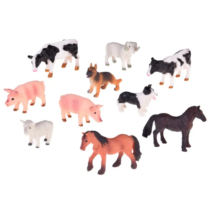 zestaw figurek zwierząt: konie, krowy, świnie, owce i psy w zagrodach