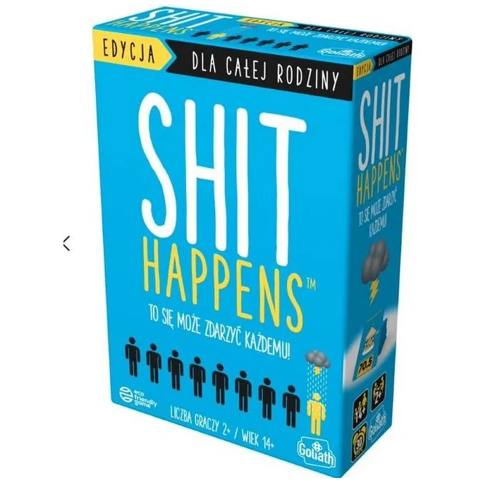 Shit Happens Rodzinna Edycja – pudełko gry planszowej z kolorowymi kartami