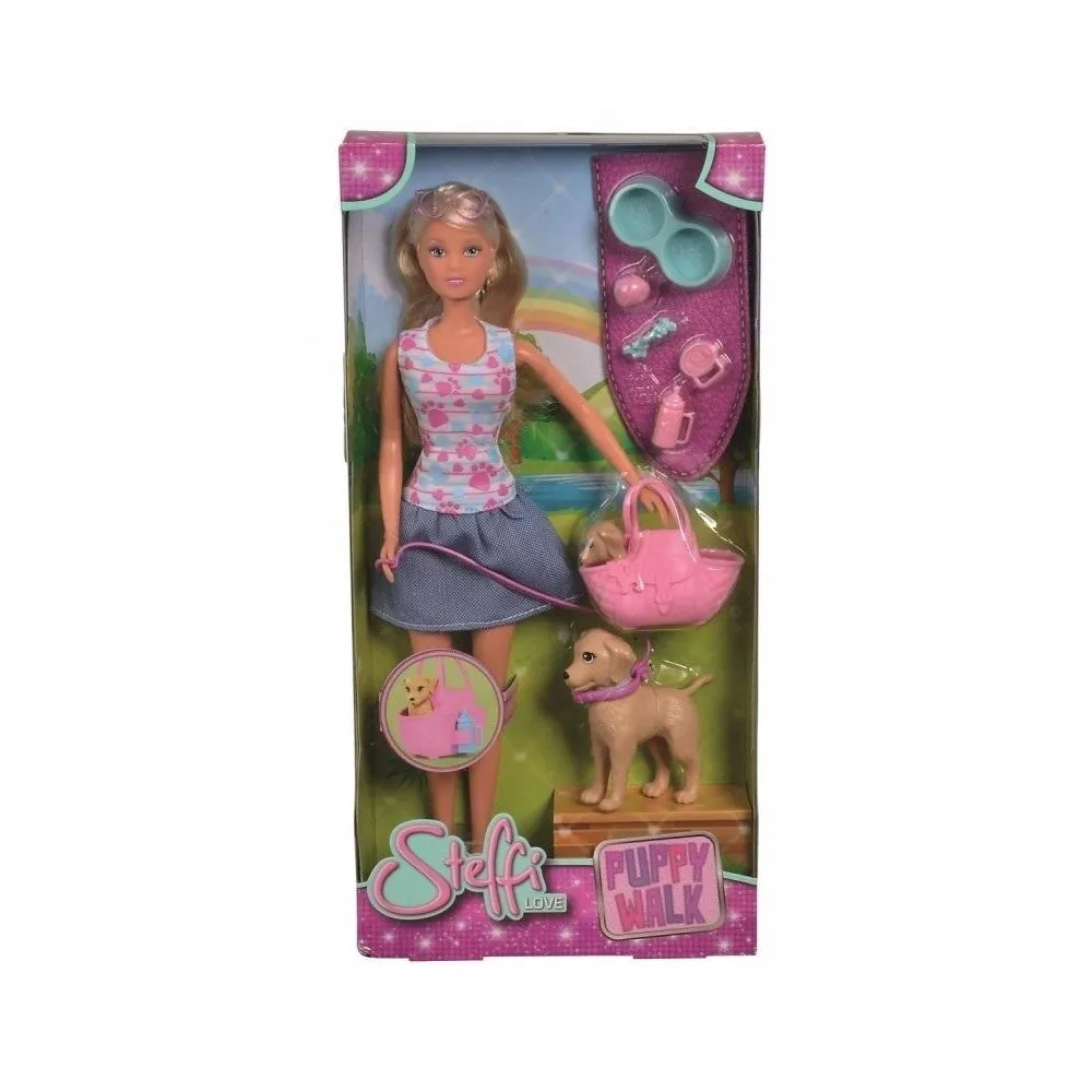 Lalka Steffi podczas spaceru z dwoma psami i torbą na szczeniaka