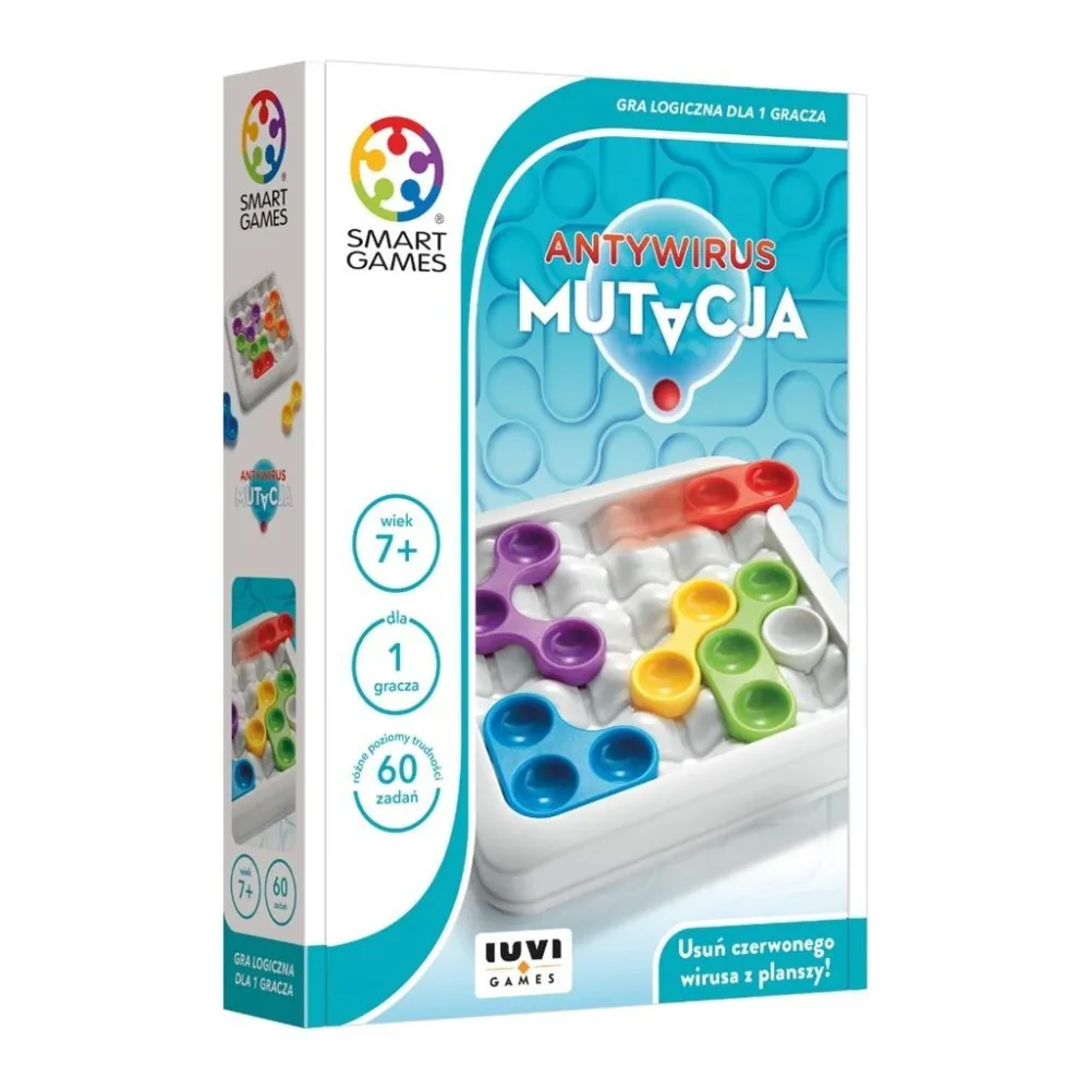 Plansza do gry Antywirus Mutacja z kolorowymi i białymi elementami w układzie startowym