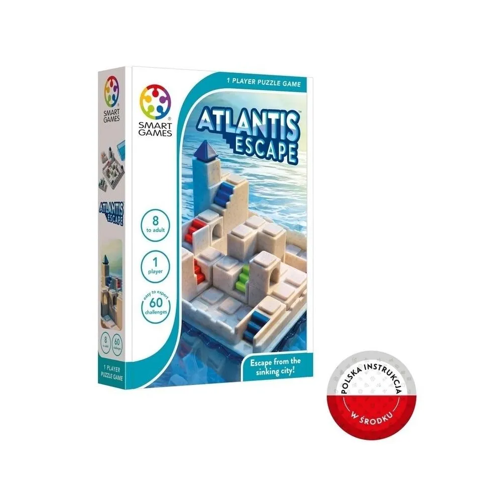 Opakowanie gry Smart Games Atlantis Escape z widocznymi elementami konstrukcyjnymi