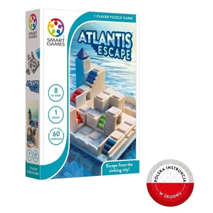Opakowanie gry Smart Games Atlantis Escape z widocznymi elementami konstrukcyjnymi