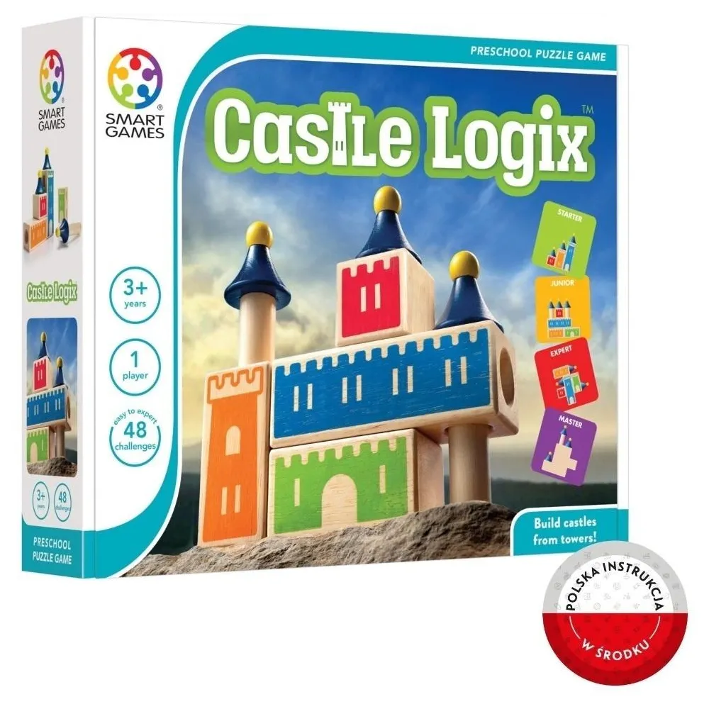 drewniane klocki i wieże do gry Castle Logix na białym tle