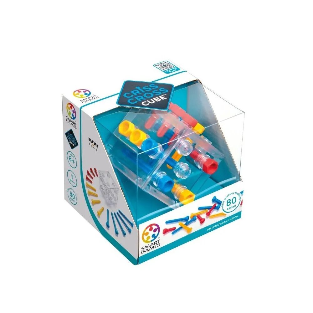 Przezroczysta kostka Criss Cross Cube z kolorowymi śrubkami na białym tle
