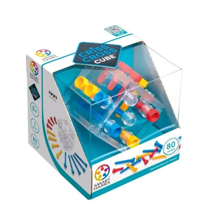 Przezroczysta kostka Criss Cross Cube z kolorowymi śrubkami na białym tle