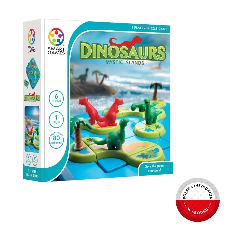plansza i elementy układanki Smart Games Dinosaurs Mystic Island z motywem dinozaurów