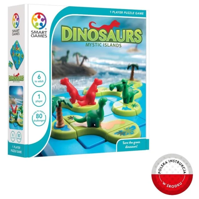 plansza i elementy układanki Smart Games Dinosaurs Mystic Island z motywem dinozaurów