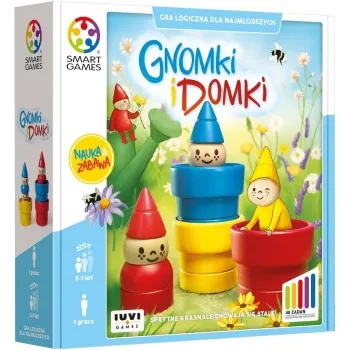 drewniana gra Gnomki i Domki z figurkami gnomów i doniczkami na tle zadania