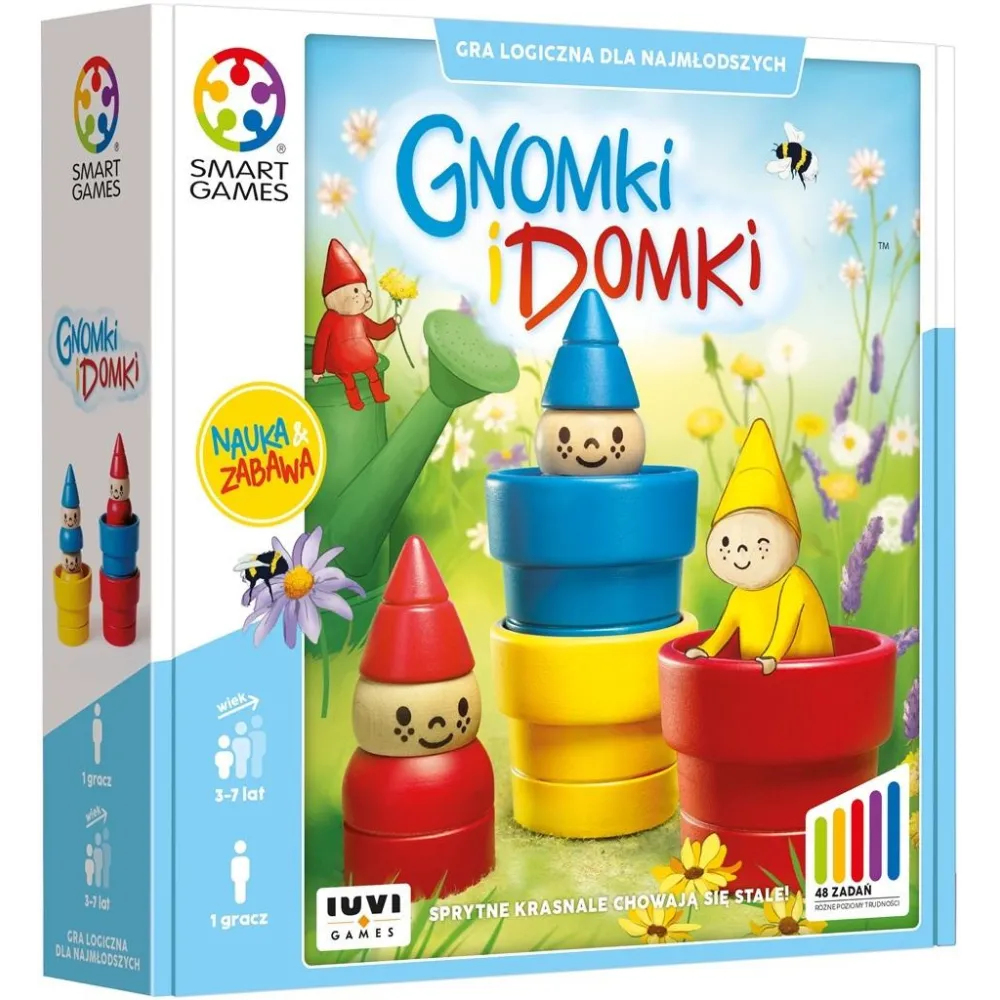 drewniana gra Gnomki i Domki z figurkami gnomów i doniczkami na tle zadania