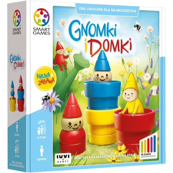 drewniana gra Gnomki i Domki z figurkami gnomów i doniczkami na tle zadania