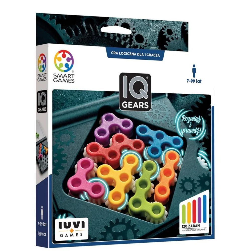 Smart Games IQ Gears – plansza z kolorowymi zębatkami i książeczką z zadaniami
