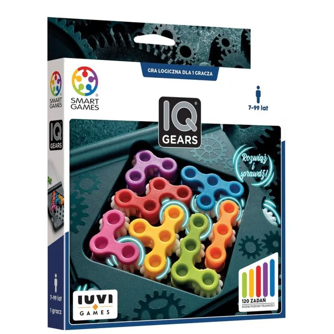 Smart Games IQ Gears – plansza z kolorowymi zębatkami i książeczką z zadaniami