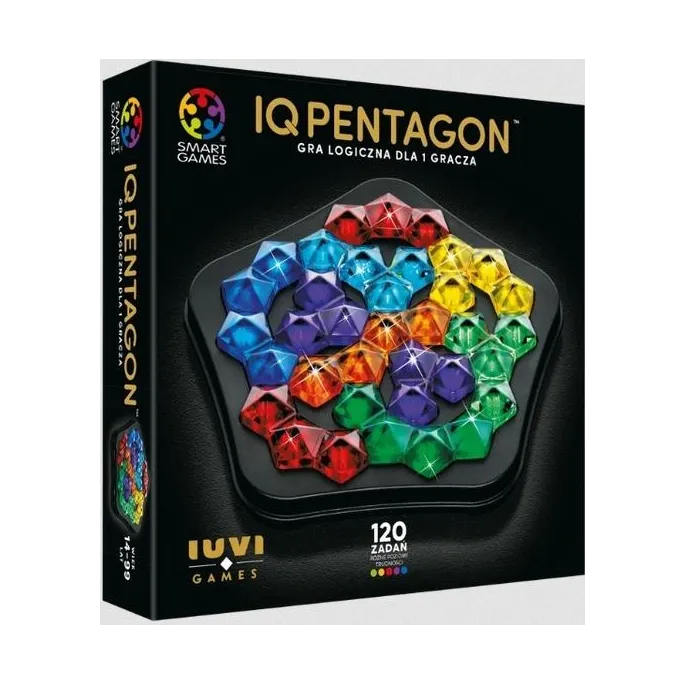 Kolorowe elementy gry IQ Pentagon Deluxe na pięciokątnej planszy