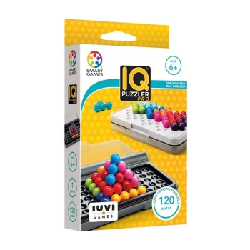 IQ Puzzler Pro z kolorowymi elementami na przenośnej planszy z pokrywą
