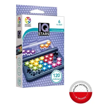 Kolorowe elementy gry Smart Games IQ Stars ułożone na planszy w różne wzory