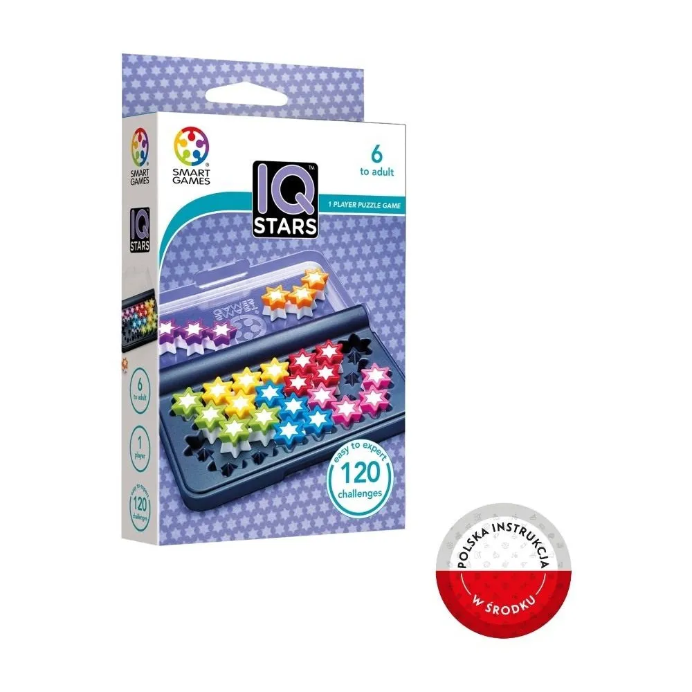 Kolorowe elementy gry Smart Games IQ Stars ułożone na planszy w różne wzory