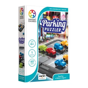 plansza Smart Games Parking Puzzler z kolorowymi samochodzikami ułożonymi według zadania