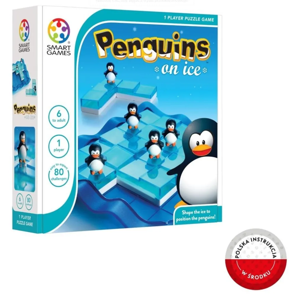 Zestaw gry Smart Games Penguins On Ice z kolorowymi elementami i planszą