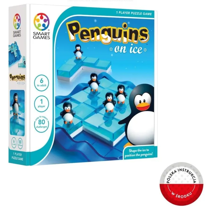 Zestaw gry Smart Games Penguins On Ice z kolorowymi elementami i planszą