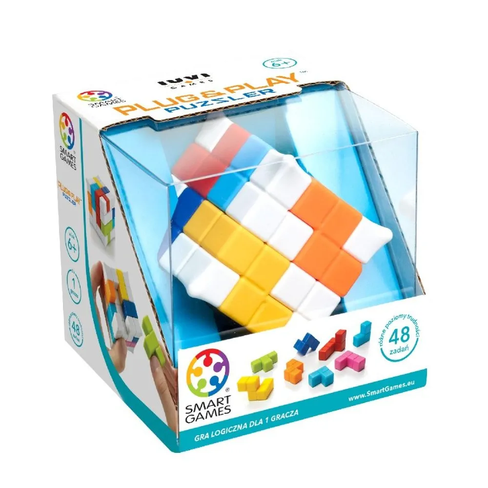 Smart Games Plug & Play Puzzler z kolorowymi elementami i białą ramą w kształcie kostki