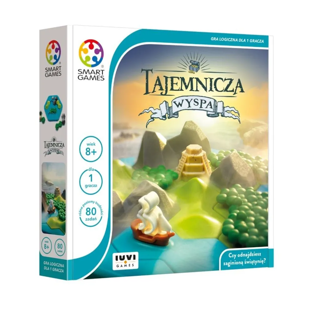 Pudełko gry Smart Games Tajemnicza Wyspa oraz elementy zestawu na tle planszy