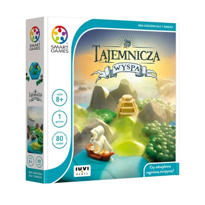 Pudełko gry Smart Games Tajemnicza Wyspa oraz elementy zestawu na tle planszy