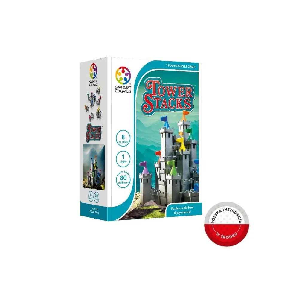 zestaw Tower Stacks z kolorowymi zamkowymi segmentami i książeczką z zadaniami