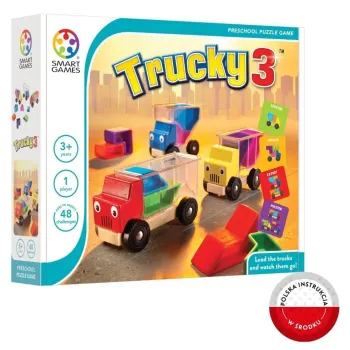 drewniane ciężarówki z kolorowymi klockami w zestawie Smart Games Trucky 3