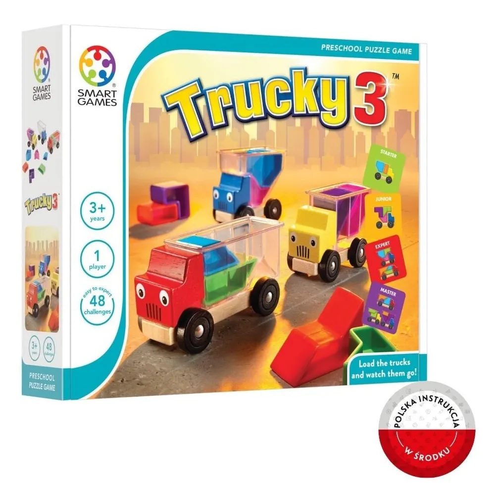 drewniane ciężarówki z kolorowymi klockami w zestawie Smart Games Trucky 3
