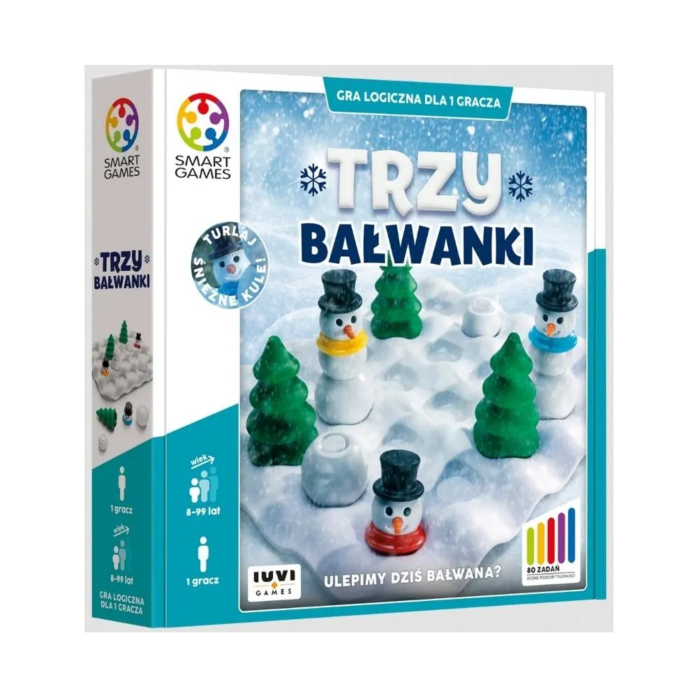 elementy gry Trzy Bałwanki rozłożone na planszy z kulami i choinkami