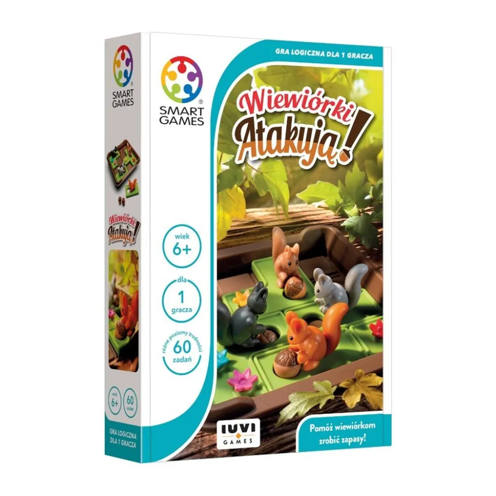 Kolorowa plansza gry Smart Games Wiewiórki Atakują z orzechami i elementami układanki