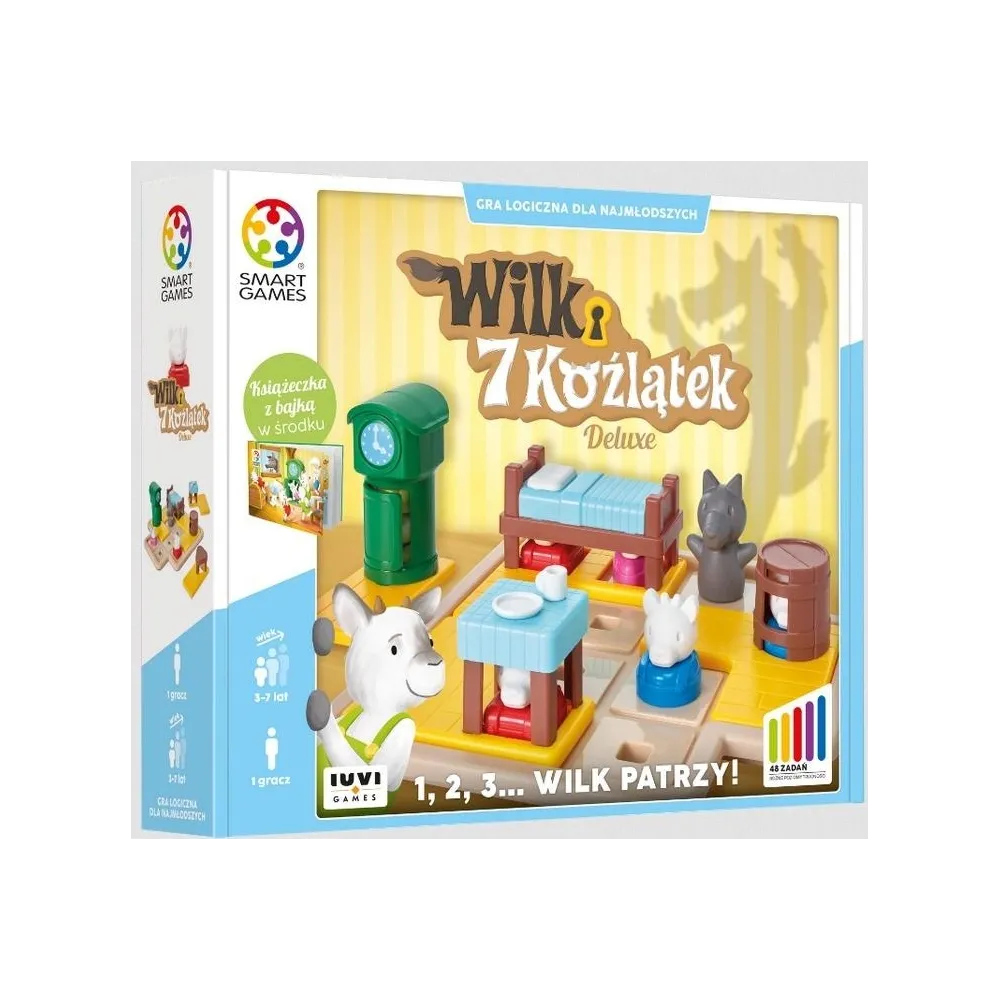 figurki koźlątek i wilka z gry Wilk i 7 koźlątek na planszy