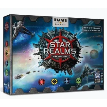 Star Realms gra karciana IUVI Games z zestawem kart i instrukcją na tle pudełka