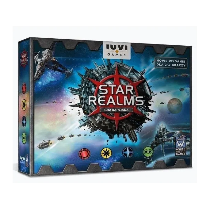 Star Realms gra karciana IUVI Games z zestawem kart i instrukcją na tle pudełka