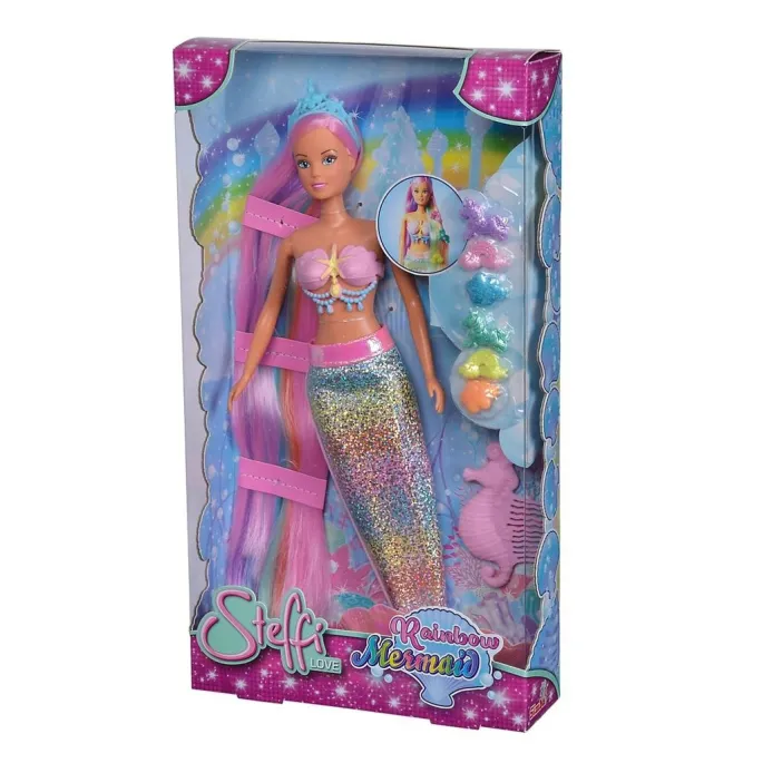 Lalka Steffi tęczowa syrena z kolorowymi włosami i zdejmowanym ogonem