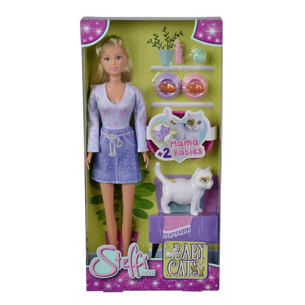 Lalka Steffi z kociętami i akcesoriami, widoczne figurki kotów